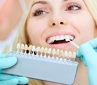 Cosmetic dentist holding row of dental veneers in Waverly to patient's smile
