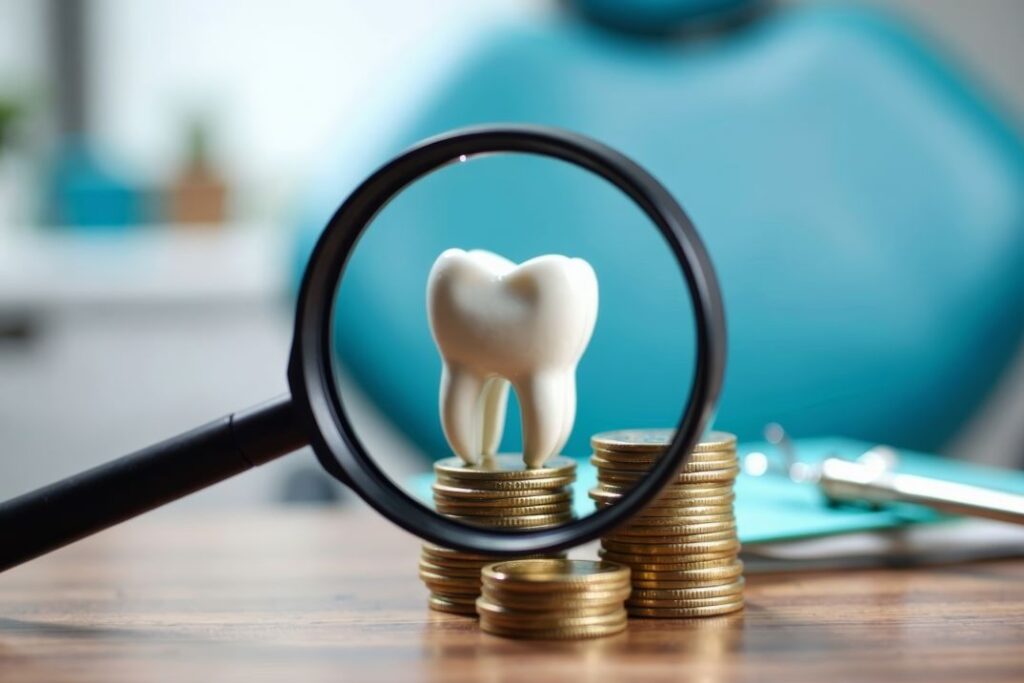 An AI picture of a tooth, money, and a magnifying glass
